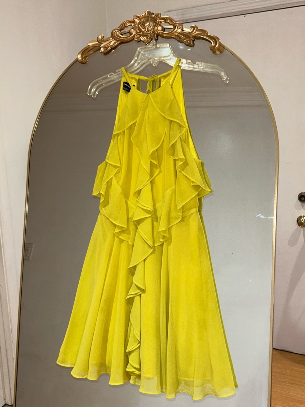 BEBE Ruffle Satin Summer Bright Yellow Halter Mini Dress, Size S